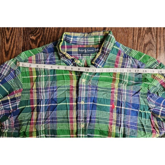 Ralph Lauren Long Sleeve Shirt Mens XXL Blue Green Plaid Classic Fit Red Pony - Picture 6 of 9